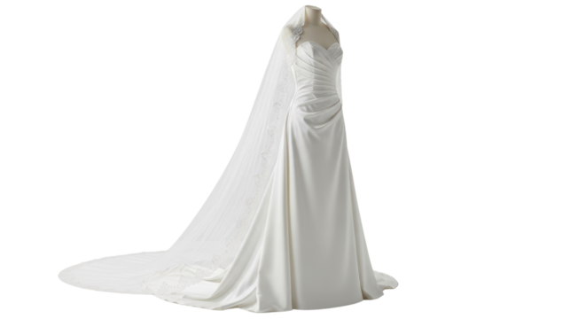 Elegant wedding dress with long veil isolated PNG with Transparent Background