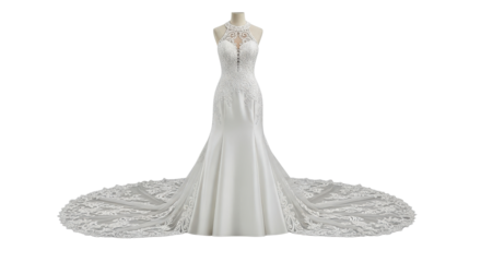 Elegant mermaid wedding dress with long train isolated PNG with Transparent Background