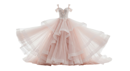 Elegant blush pink tulle wedding dress with layered skirt isolated PNG with Transparent Background