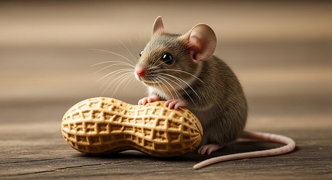 A cute little mouse sits on a peanut on a wooden surface.