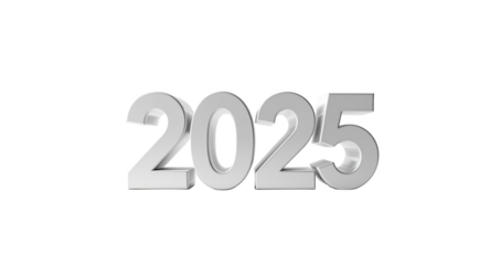 2025 - Silver Metallic Year on White Background, 3D Illustration, Futuristic Concept