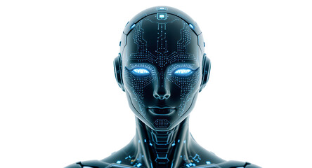 A Futuristic Artificial Intelligence Portrait, Glowing Eyes, Circuit Board Design, AI, Technology Concept