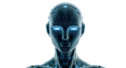 A Futuristic Artificial Intelligence Portrait, Glowing Eyes, Circuit Board Design, AI, Technology Concept