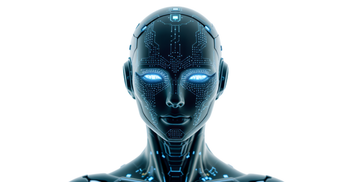A Futuristic Artificial Intelligence Portrait, Glowing Eyes, Circuit Board Design, AI, Technology Concept