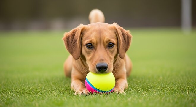 Adorable brown dog playing with a colorful tennis ball on green grass. - Powered by Adobe