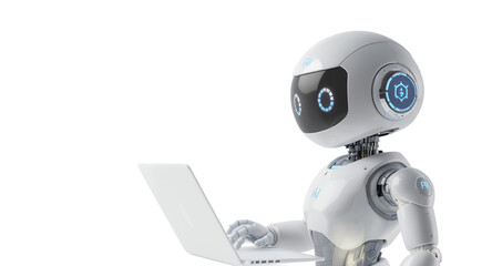 A futuristic robot using a laptop, AI, and technology concept