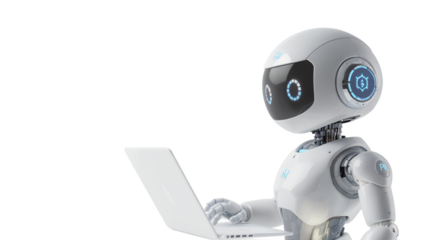 A futuristic robot using a laptop, AI, and technology concept