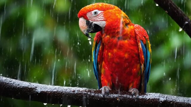 red and green macaw. A macaw that loves rain. A cute bird.