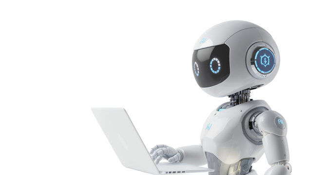 A futuristic robot using a laptop, AI, and technology concept