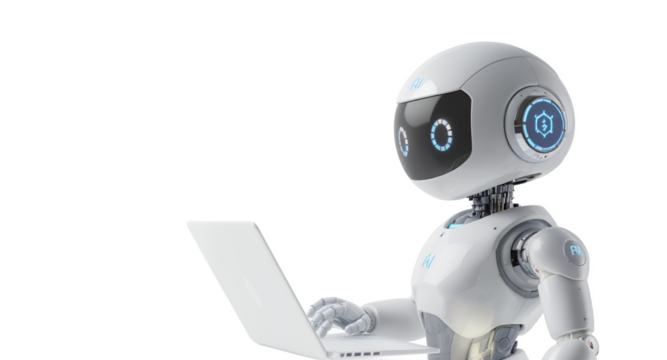 A futuristic robot using a laptop, AI, and technology concept