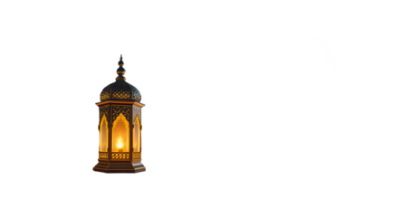 A glowing lantern on a desert landscape under a starry night sky and crescent moon