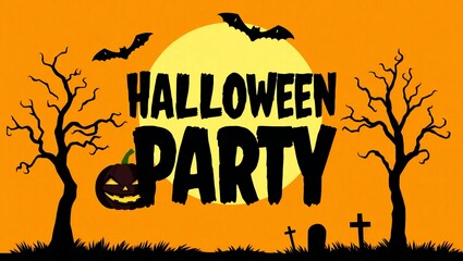Spooky halloween party invitation with full moon and bats