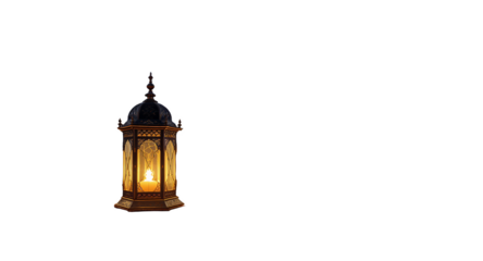 A Lit Lantern in a Desert with a Mosque and Crescent Moon in the Background at Twilight