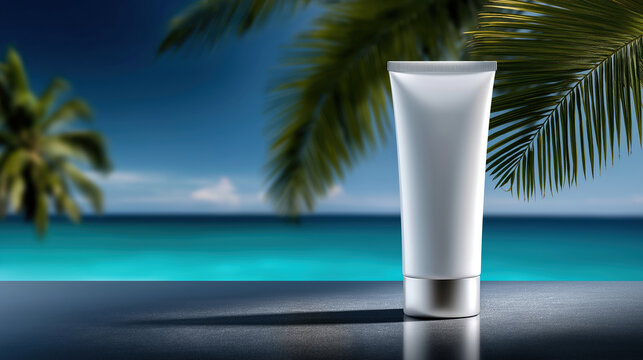 Sunblock tube in front of tropical beach and palm trees