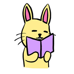 Obraz premium Cute yellow bunny reading a book, cartoon rabbit illustration representing study, knowledge, and learning.