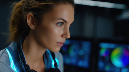 Tech expert focused on data analysis in a dark lab environment