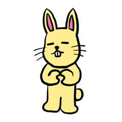 Yellow cartoon rabbit standing upright with mini heart paws together, expressing a shy or thoughtful pose. Simple line drawing with pastel tones, ideal for children’s illustrations, stickers