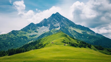 Fototapeta premium Green alpine meadows and hills leading to a majestic mountain peak under a blue sky with white clouds