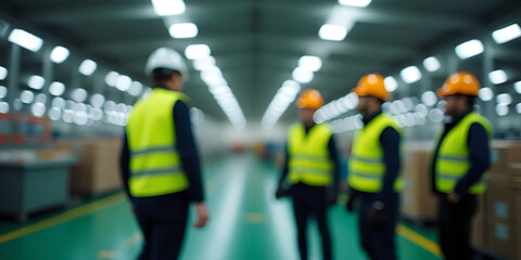 Blurred image of a group of workers wearing safety helmets and reflective vests.