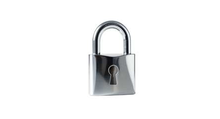 A shiny silver padlock on a white background, security and protection concept.