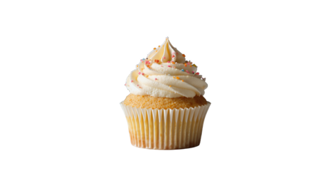 A single, decorated cupcake on a white surface, perfect for dessert and celebration imagery