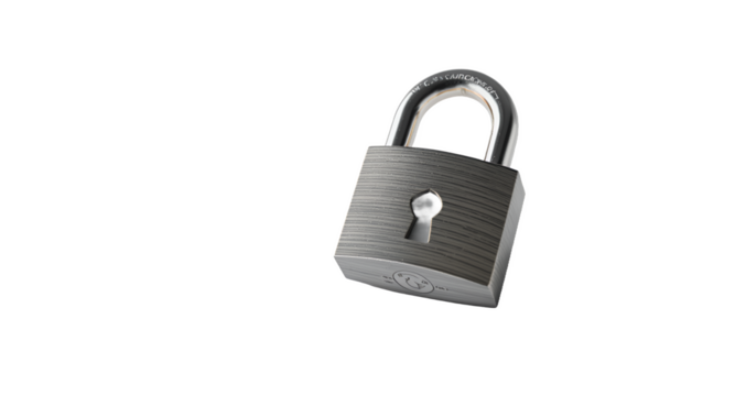 A single metal padlock on a white background, concept of security and safety