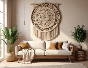 Beige living room with boho wall hanging
