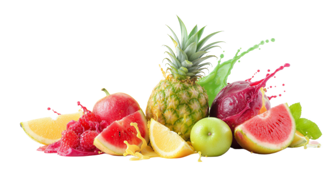 A vibrant display of fresh fruits with colorful juice splashes