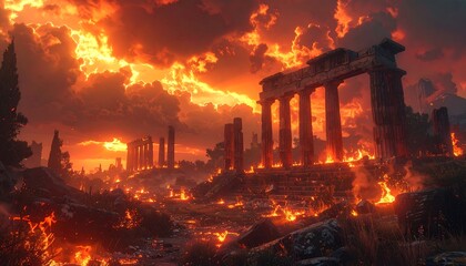 An apocalyptic scene depicting a classical structure engulfed in flames under a fiery, dramatic sky