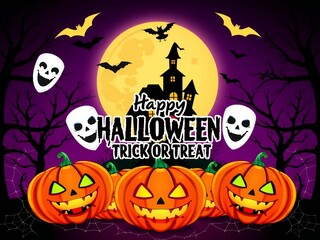 Happy halloween trick or treat with pumpkins and haunted house