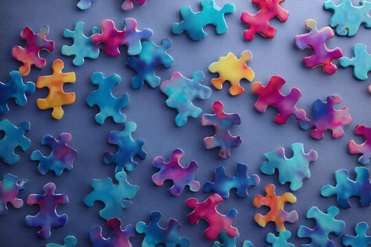Abstract background with scattered puzzle pieces. World Autism Awareness Day. Second of April. Background, wallpaper, banner - Powered by Adobe
