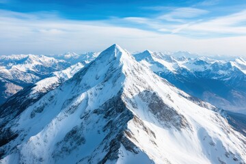 Obraz premium Snow capped mountain peaks creating a dramatic winter landscape under a clear blue sky, showing vastness and cold