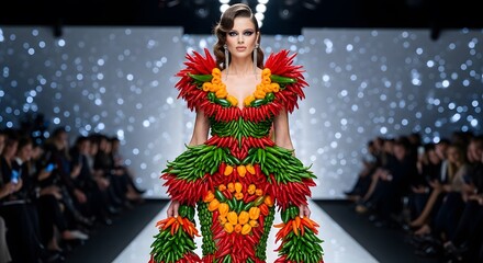 Runway Ready A Model Showcasing a Vegetable-Adorned Fashion Dress