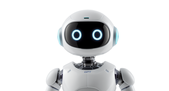 AI Robot with Glowing Eyes on White Background