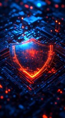 Glowing digital shield symbol abstract background with neon orbs