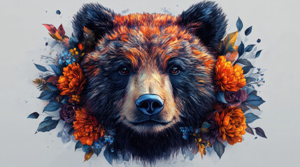 Bear portrait with floral arrangement