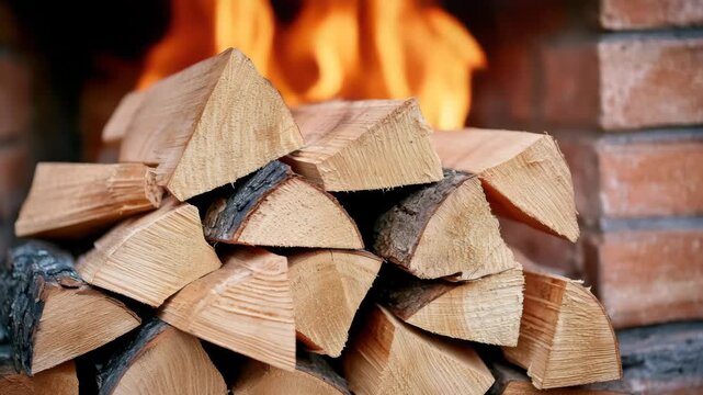 Wood stacked neatly near a warm fireplace creates a cozy and inviting atmosphere during chilly evenings