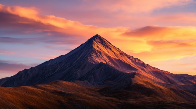 Mountain peak standing tall against a dramatic sky, glowing with warm orange and pink clouds at sunset
