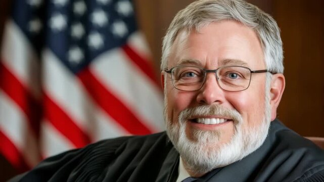 Smiling judge in courtroom with American flag backdrop during proceedings