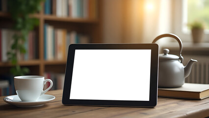 Digital tablet with blank white screen on rustic wooden table, next to teapot and teacups. Minimalist style, perfect for presenting app UI, website design or brand logo.