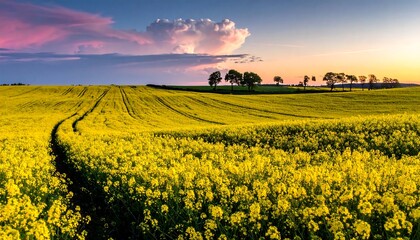 Obraz premium Vast field of rapeseed flowers at sunset