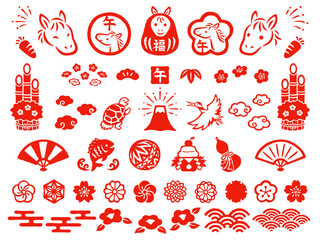 和風の午年のお正月の手描き風スタンプイラストセット