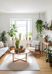 Bright and airy living room showcasing indoor plants and wooden accents