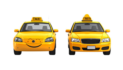 City Taxi Pair – Two Distinct Yellow Cab Styles Isolated on Transparent Background