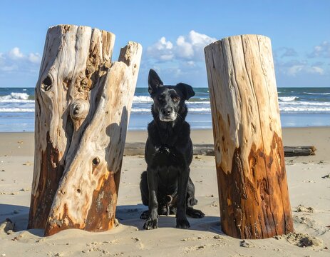 Black dog sits between weathered wooden posts on a sandy beach - Powered by Adobe