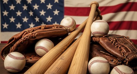 Baseball Equipment Displayed with American Flag Background.