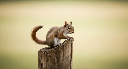 Alert brown squirrel with a bushy tail perched on a weathered wooden post.