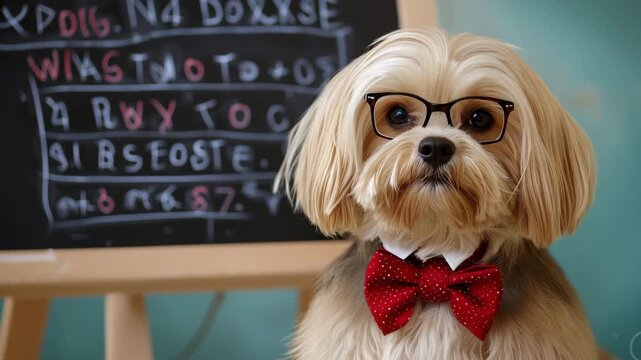 Dog in glasses and bow tie looks serious in front of chalkboard filled with letters and numbers in a classroom setting