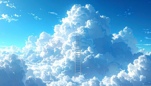 A ladder reaching into a fluffy, bright sky filled with clouds