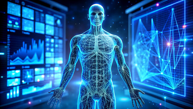 Human body scan with digital interface futuristic technology concept for medical analysis and data visualization blue tones - Powered by Adobe